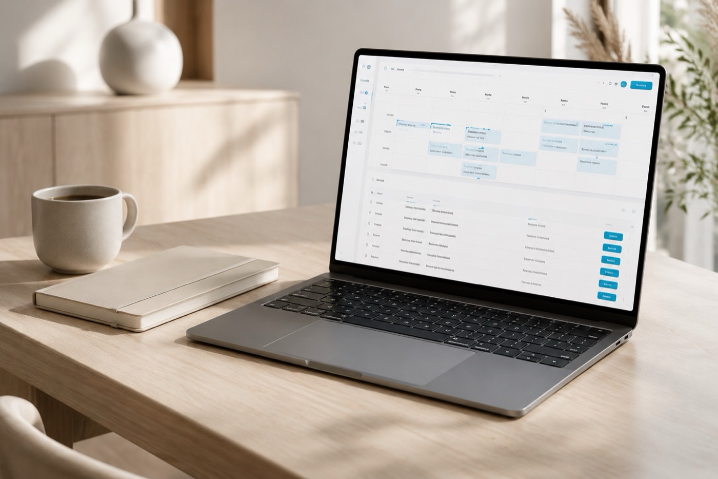 Screen with a custom booking system on a bright desk