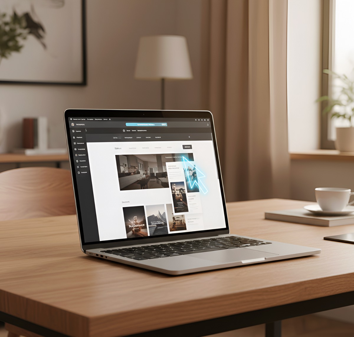Laptop showing a new website on a wooden desk
